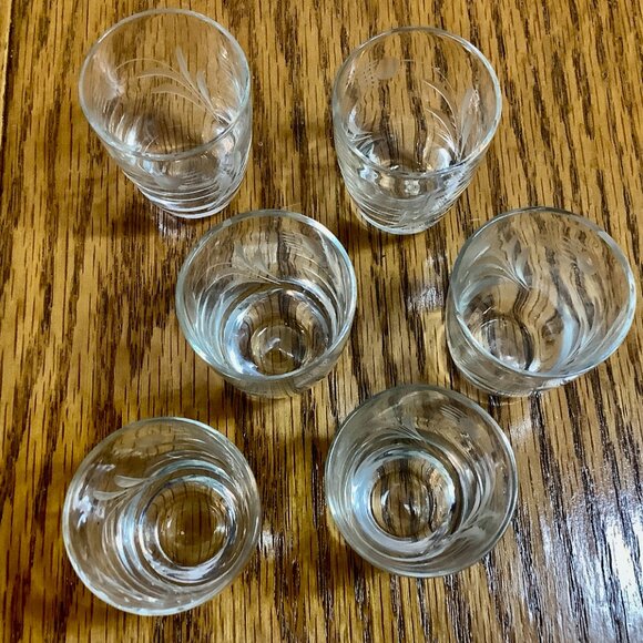 Set of 6 Shot glasses. Etched Flower Leaf Design - Picture 3 of 7